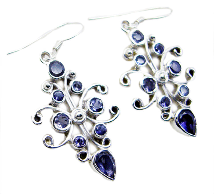 Riyo Real Gemstones round Faceted Nevy Blue Iolite Silver Earring teacher's day gift