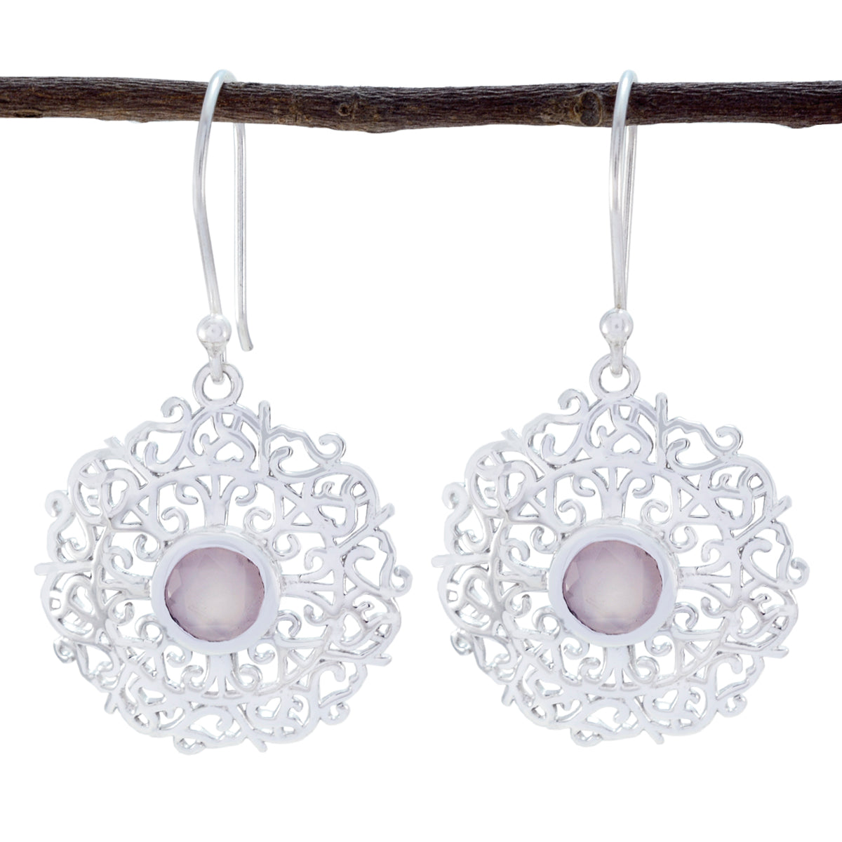 Riyo Real Gemstones round Faceted Pink Rose Quartz Silver Earring gift