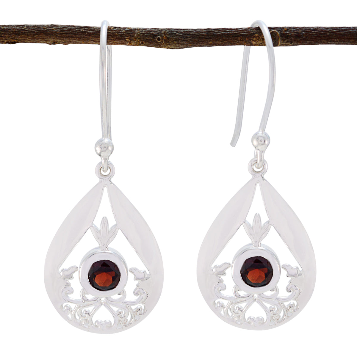 Riyo Real Gemstones round Faceted Red Garnet Silver Earring gift for boxing day