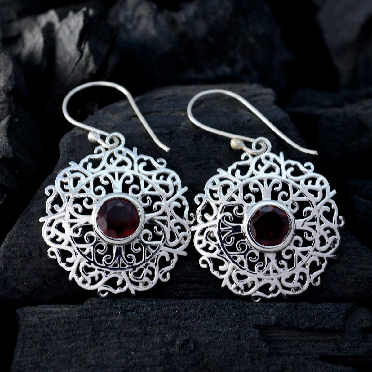 Riyo Real Gemstones round Faceted Red Garnet Silver Earring gift for engagement