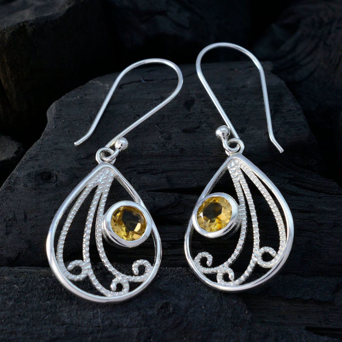 Riyo Real Gemstones round Faceted Yellow Citrine Silver Earrings gift for black Friday
