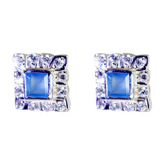 Riyo Real Gemstones square Faceted Blue Chalcedony Silver Earring gift for valentine's day