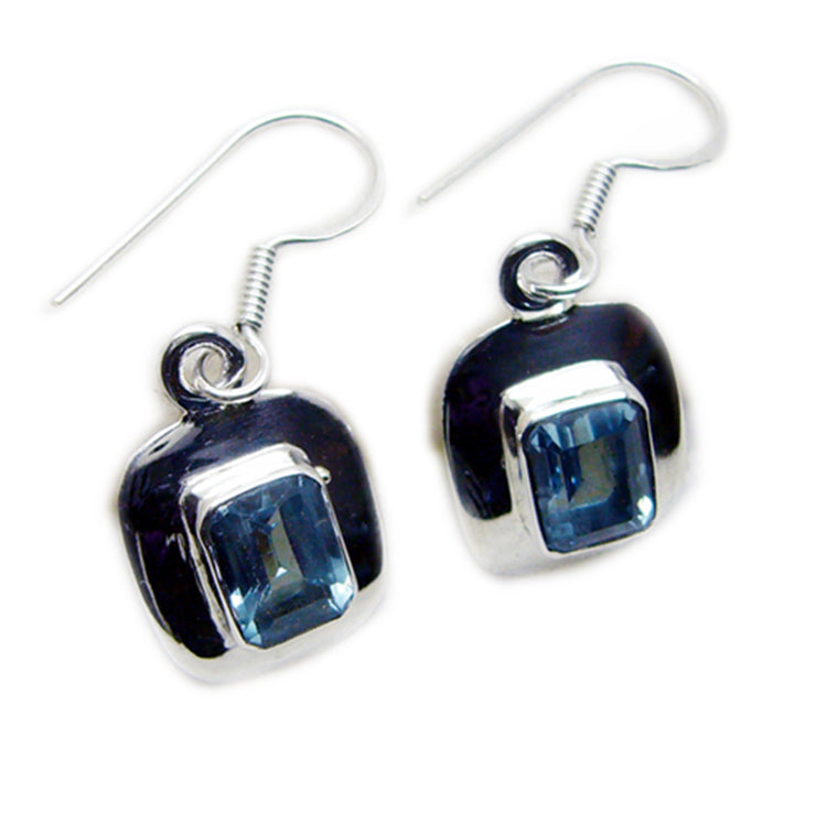 Riyo Real Gemstones square Faceted Blue Topaz Silver Earring independence gift