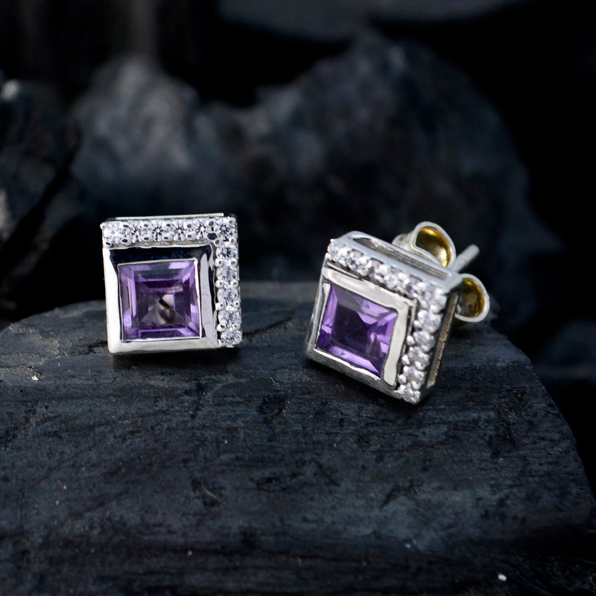 Riyo Real Gemstones square Faceted Purple Amethyst Silver Earring college graduation