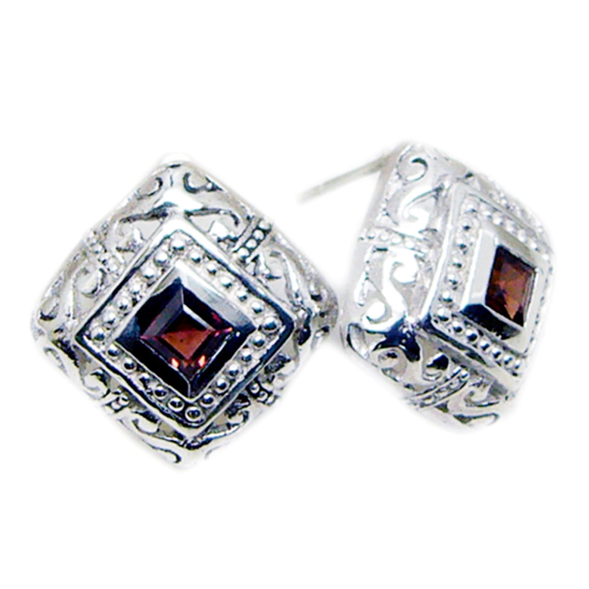 Riyo Real Gemstones square Faceted Red Garnet Silver Earring gift for friends