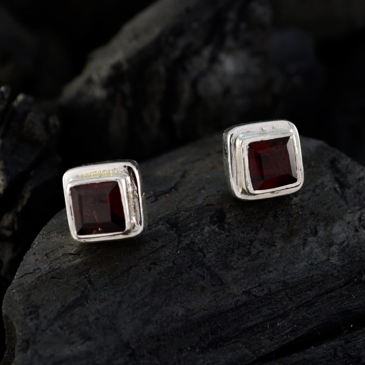 Riyo Real Gemstones square Faceted Red Garnet Silver Earring gift for handmade