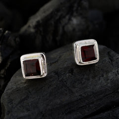 Riyo Real Gemstones square Faceted Red Garnet Silver Earring gift for handmade