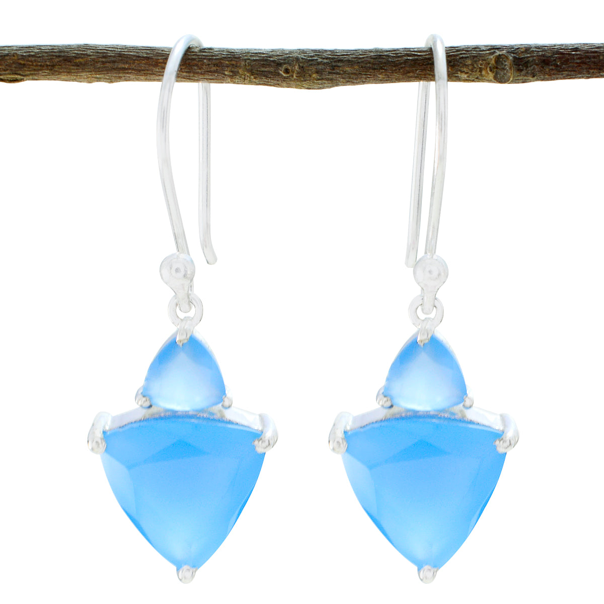 Riyo Real Gemstones trillion Faceted Aqua Chalcedoy Silver Earring gift for new years day