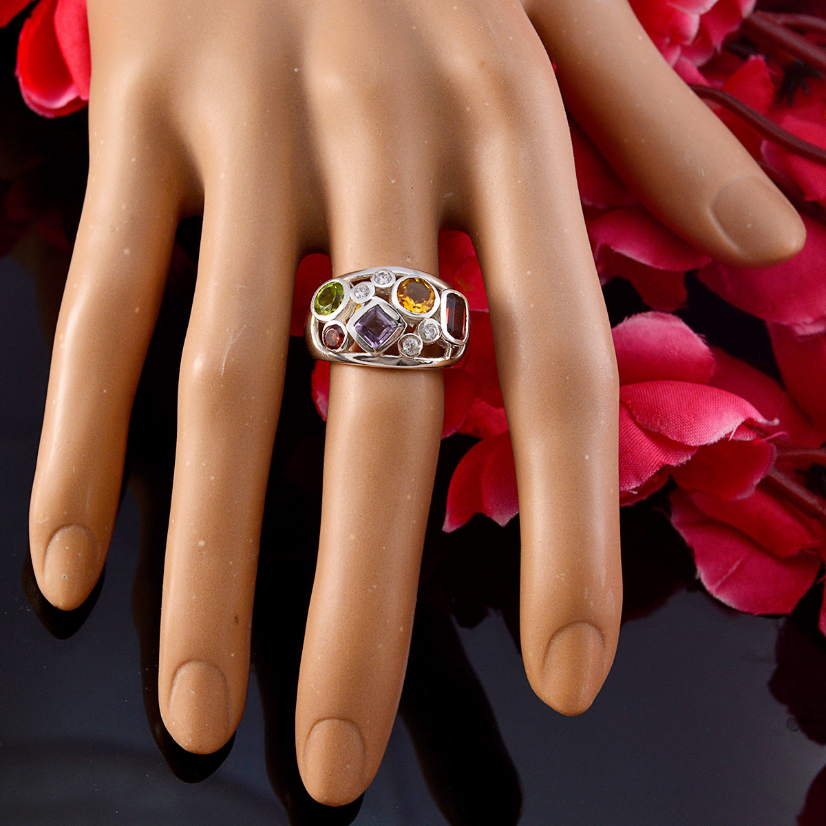 Riyo Splendid Stone Multi Stone Solid Silver Ring Bindi Jewelry