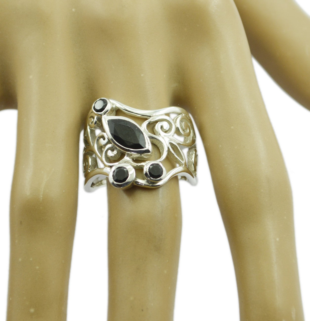 Riyo Tempting Gemstones Black Onyx 925 Silver Rings Jewelry Chain