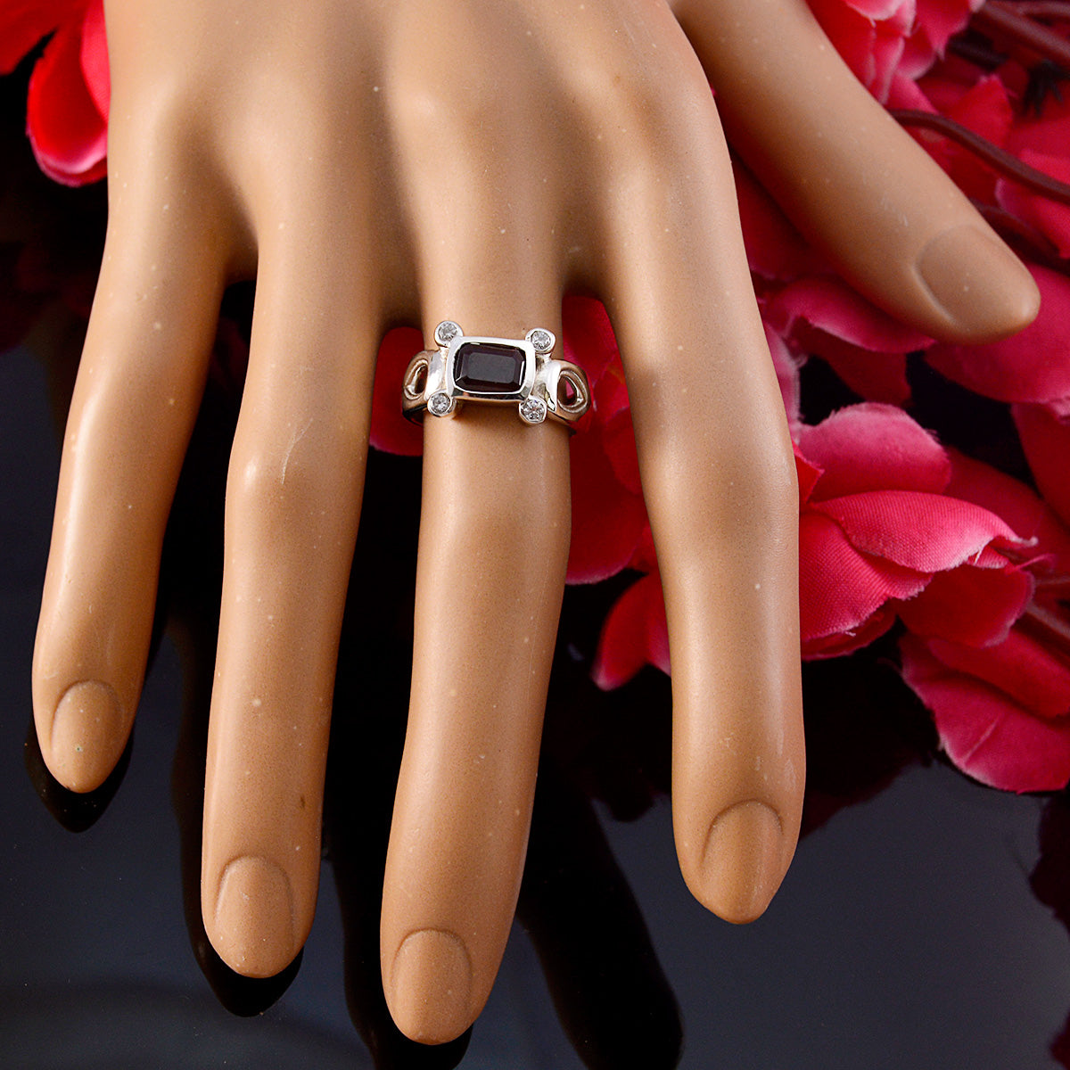 Riyo Winning Gemstones Garnet Solid Silver Rings Gift For Girls