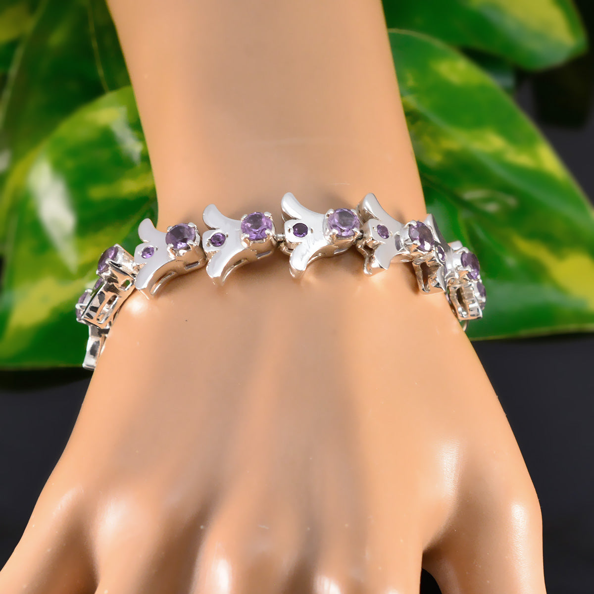 Riyo Gemstone 925 Sterling Silver Bracelet For Girls Amethyst Bracelet Prong Setting Bracelet with Fish Hook Link Bracelet L Size 6-8.5 Inch.