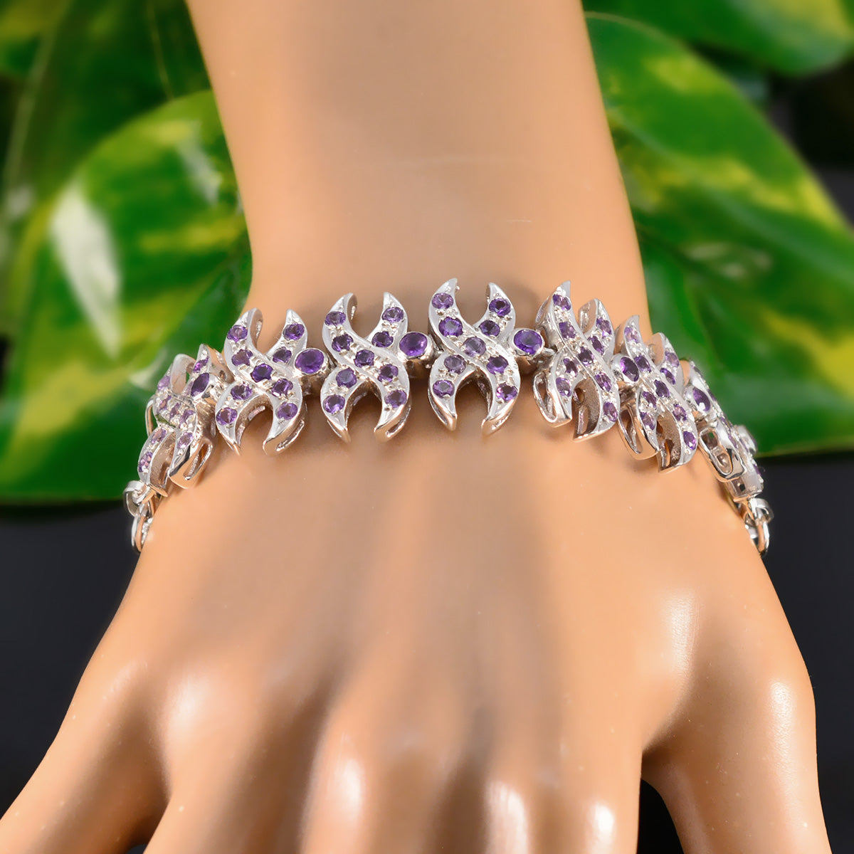 Riyo India 925 Sterling Silver Bracelet For Girls Amethyst Bracelet Bezel Setting Bracelet with Fish Hook Charm Bracelet L Size 6-8.5 Inch.