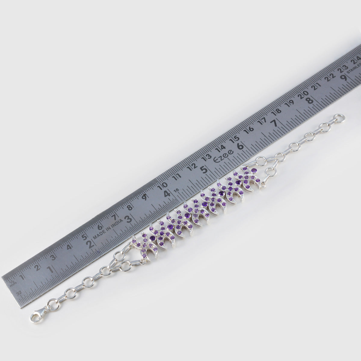 Браслет Riyo India из стерлингового серебра 925 пробы для девочек, браслет с аметистом, браслет с оправой, браслет с подвеской в виде рыбьего крючка, браслет размера l, размер 6-8,5 дюйма.