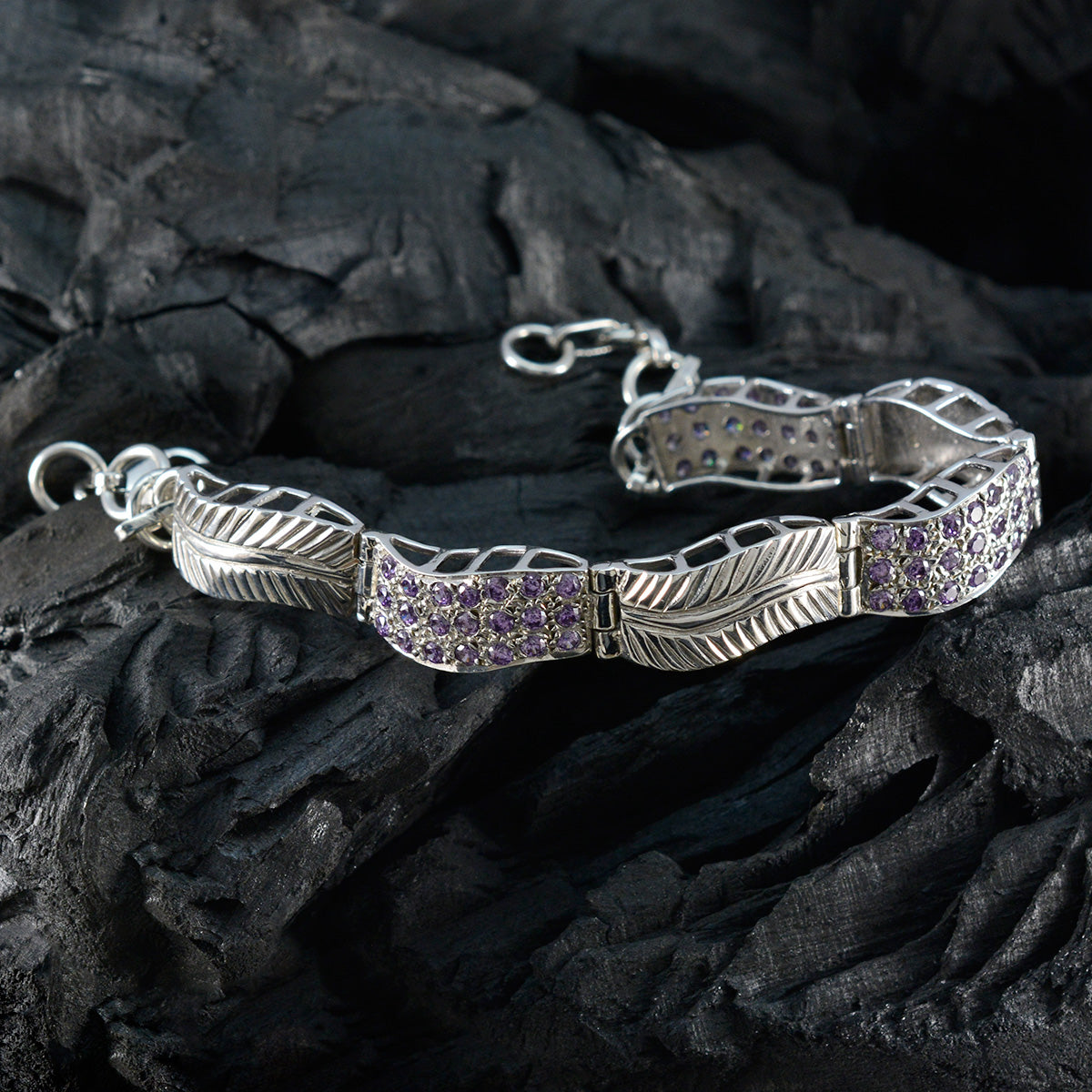 Riyo Komplettes 925er-Sterlingsilber-Armband für Damen, Amethyst-Armband, Lünettenfassung, Armband mit Glieder-Charm-Armband, Größe L, 15,2–21,6 cm.