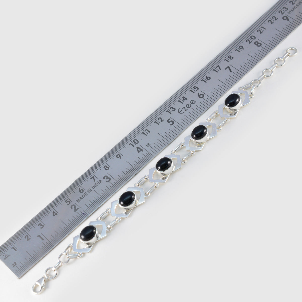 Riyo Choice 925 sterling zilveren armband voor meisjes zwarte onyx armband bezel setting armband met vishaak link bedelarmband L maat 6-8,5 inch.