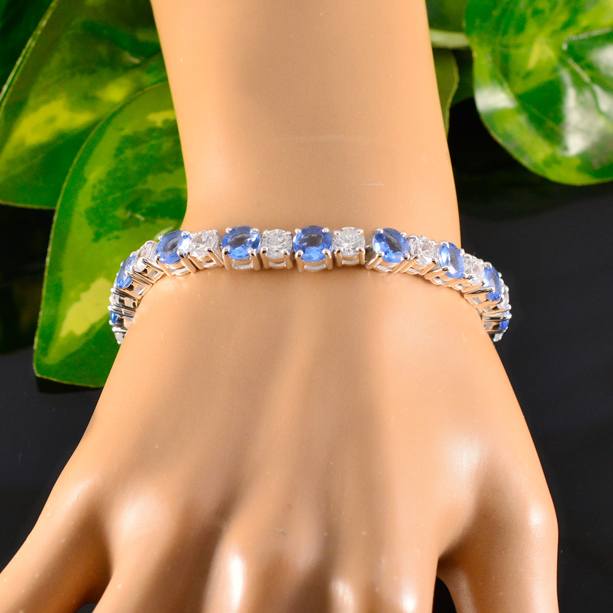 Riyo Sapplier 925 Sterling Silver Bracelet For Girl Blue Sapphire CZ Prong Setting Bracelet with Box With Tongue Tennis Bracelet.