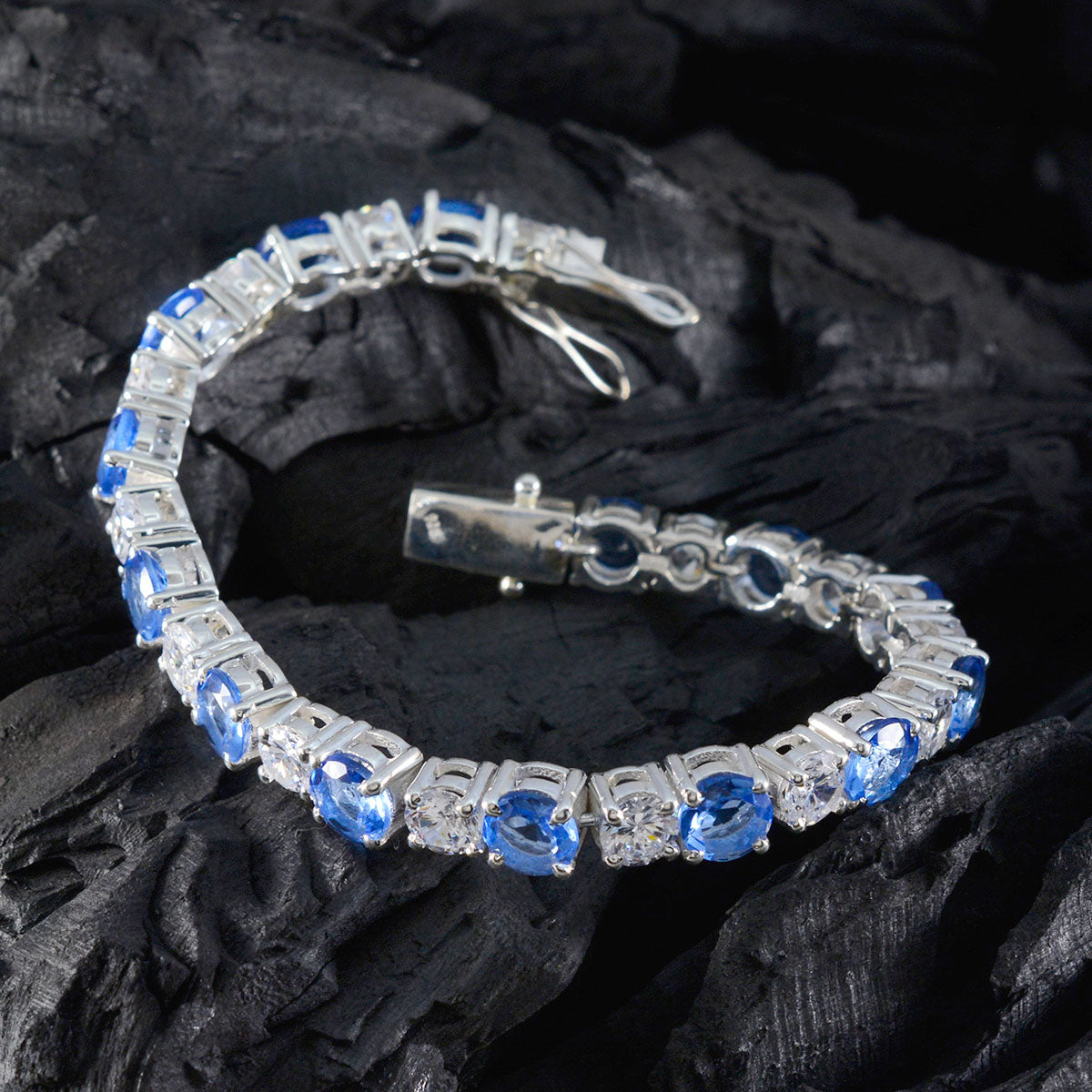 Riyo Sapplier 925 Sterling Silver Bracelet For Girl Blue Sapphire CZ Prong Setting Bracelet with Box With Tongue Tennis Bracelet.