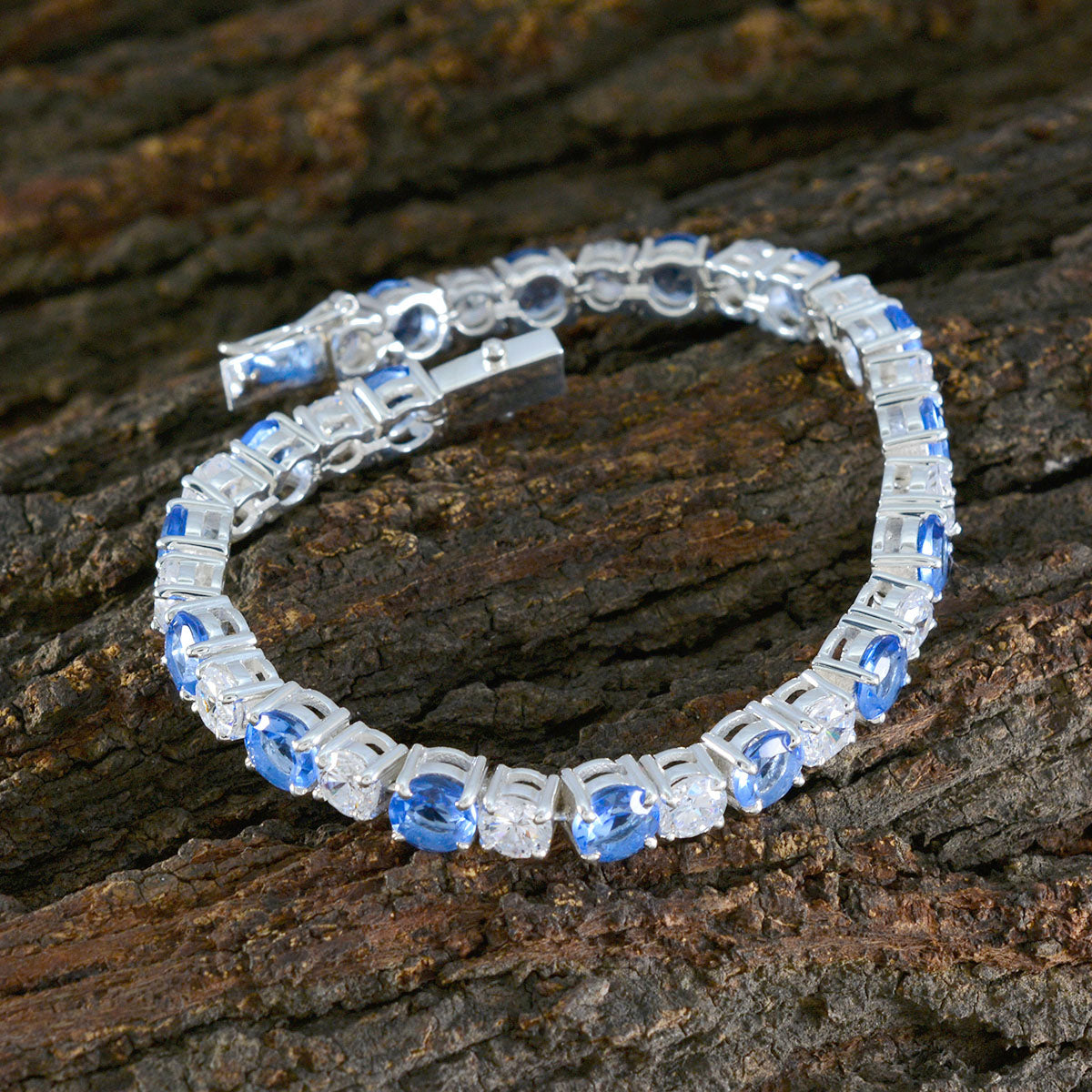 Riyo Suppiler 925 Sterling Silber Armband für Mädchen, blaues Supphire-CZ-Armband mit Krappenfassung und Box mit Zungen-Tennis-Armband.