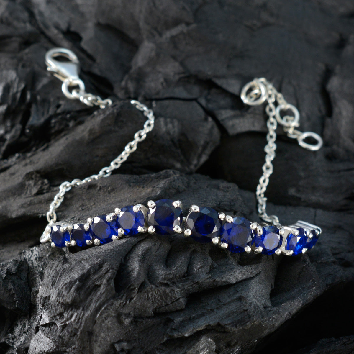 Riyo Bestes 925er-Sterlingsilber-Armband für Mädchen, blaues Supphire-CZ-Armband, Krappenfassung-Armband, Angelhaken-Tennisarmband, L, Größe 15,2–21,6 cm.