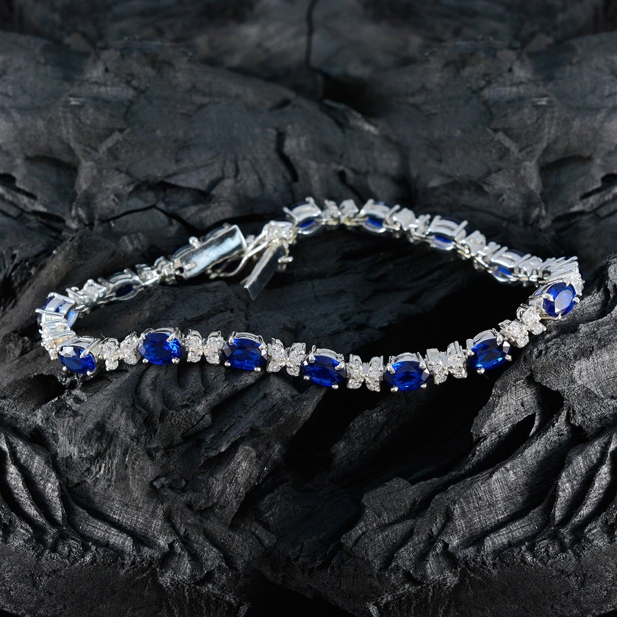 Riyo Choice Bracelet en argent sterling 925 pour filles Bleu Supphire CZ Bracelet à griffes avec boîte avec languette Bracelet de tennis Taille L 6-8,5 pouces.
