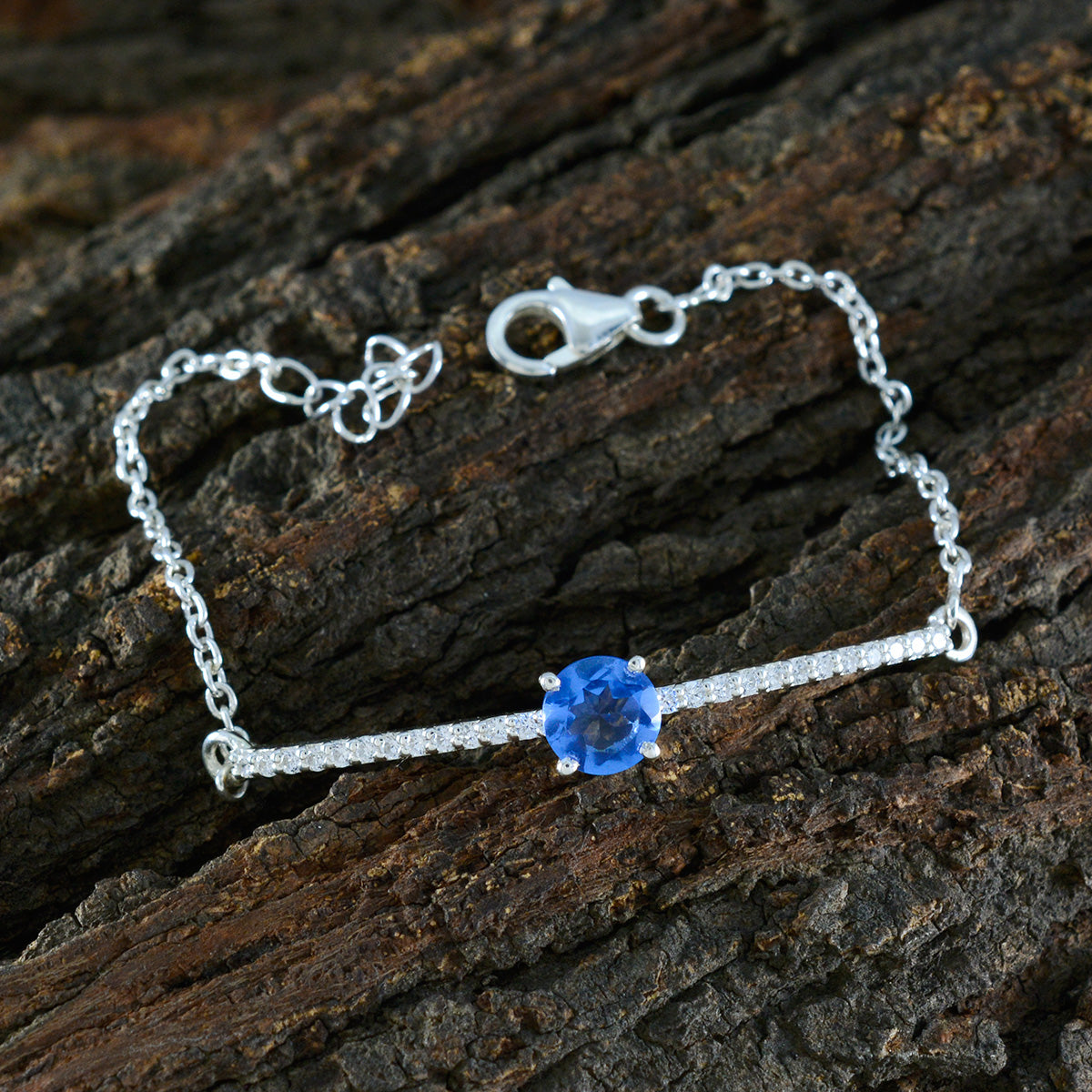 Riyo Prime 925 Sterling Silver Bracelet For Girl Blue Supphire CZ Prong Setting Bracelet with Fish Hook Link Bracelet L Size 6-8.5 Inch.