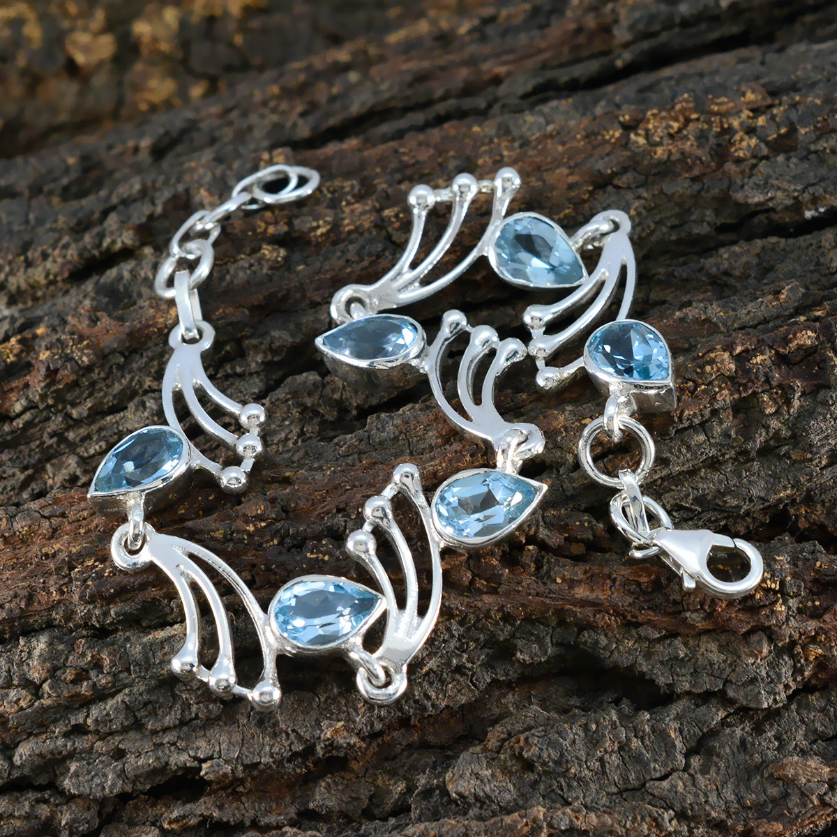 riyo attrayant bracelet en argent sterling 925 pour femme bracelet topaze bleue bracelet serti de griffes avec bracelet à maillons hameçon l taille 6-8,5 pouces.