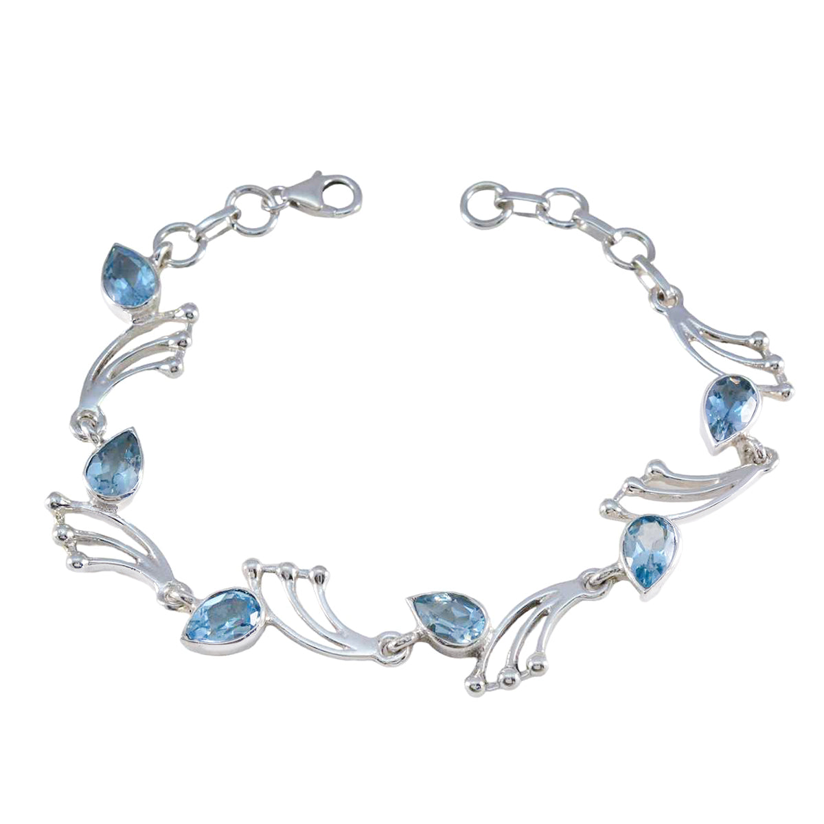 Riyo Attractive 925 Sterling Silver Bracelet For Womens Blue Topaz Bracelet Prong Setting Bracelet with Fish Hook Link Bracelet L Size 6-8.5 Inch.