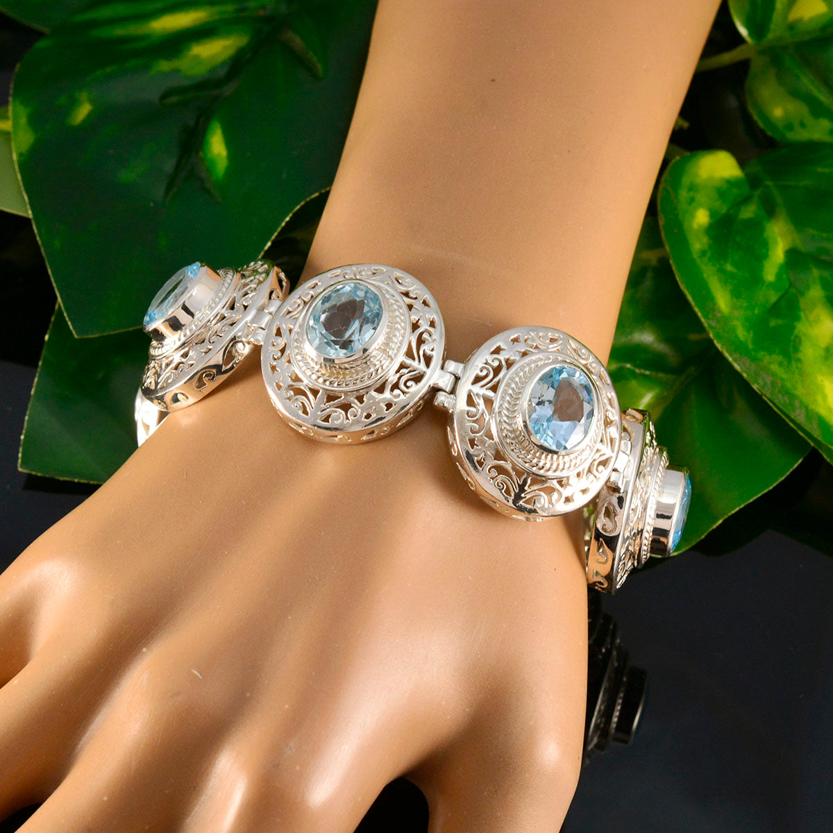 Riyo Großformatiges 925er-Sterlingsilber-Armband für Mädchen, blaues Topas-Armband mit Zungenglied-Armband, Größe L, 15,2–21,6 cm.