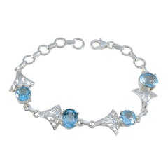 Riyo Großformatiges 925er-Sterlingsilber-Armband für Mädchen, blaues Topas-Armband, Krappenfassung-Armband mit Fischhaken-Glieder-Charm-Armband, Größe L, 15,2–21,6 cm.
