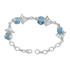Riyo Large-Scale 925 Sterling Silver Bracelet For Girls Blue Topaz Bracelet Prong Setting Bracelet with Fish Hook Link Charm Bracelet L Size 6-8.5 Inch.