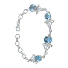 Riyo Großformatiges 925er-Sterlingsilber-Armband für Mädchen, blaues Topas-Armband, Krappenfassung-Armband mit Fischhaken-Glieder-Charm-Armband, Größe L, 15,2–21,6 cm.