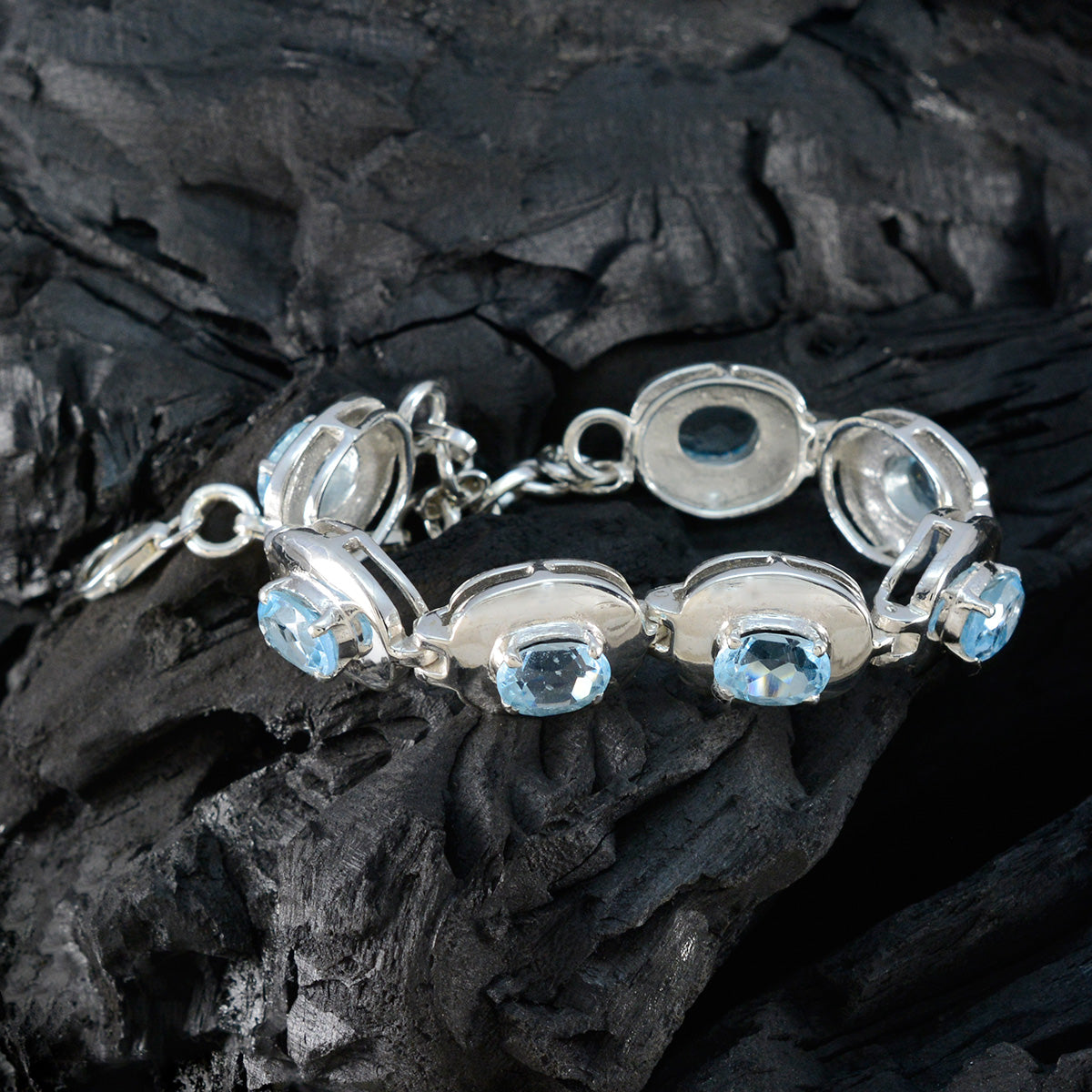 Riyo Supplies 925 Sterling Silber Armband für Damen, blaues Topas-Armband, Krappenfassung, Armband mit Fischhaken-Gliederarmband, Größe L, 15,2–21,6 cm.
