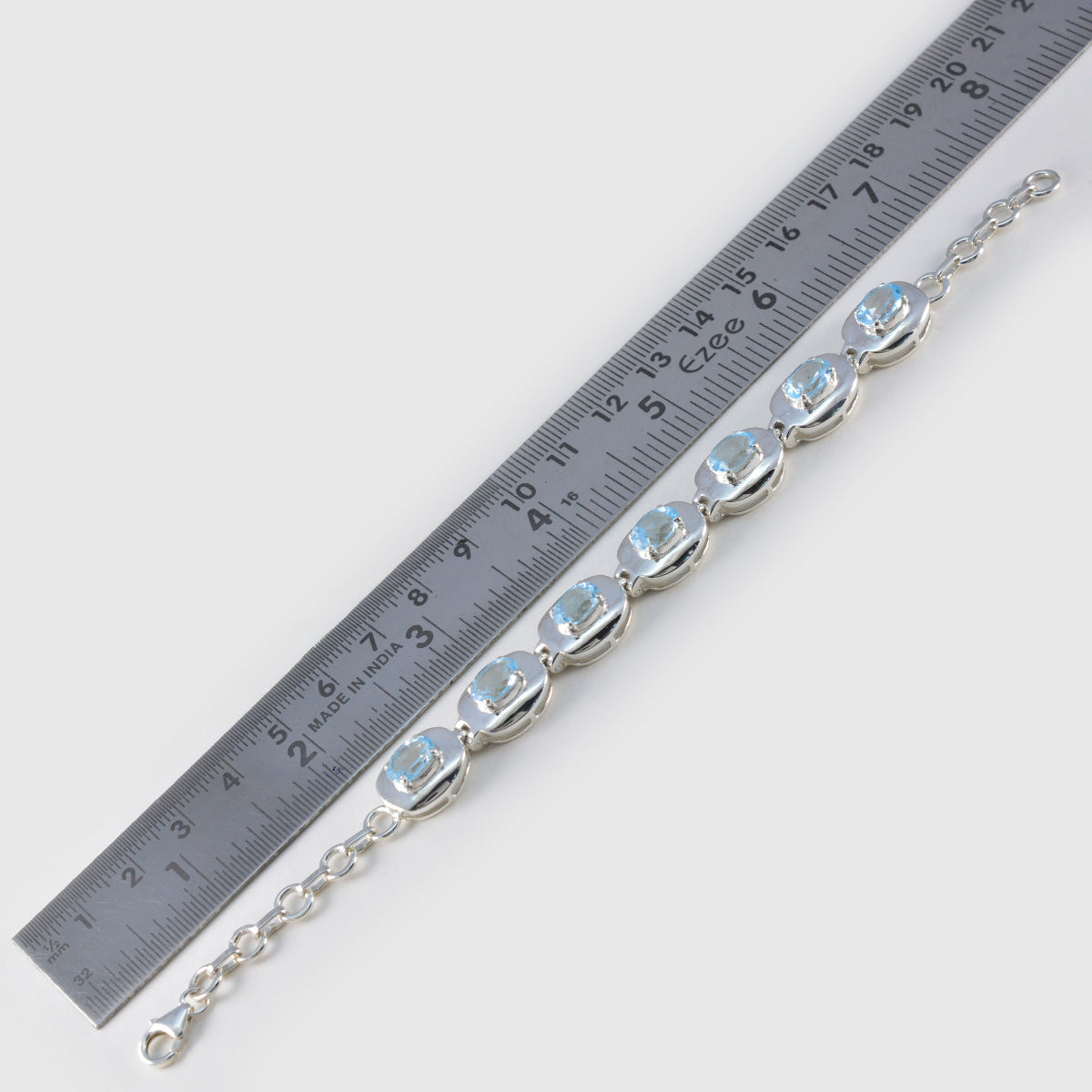 riyo levererar 925 sterling silver armband för kvinnor blå topas armband stift inställning armband med fisk krok länk armband l storlek 6-8,5 tum.