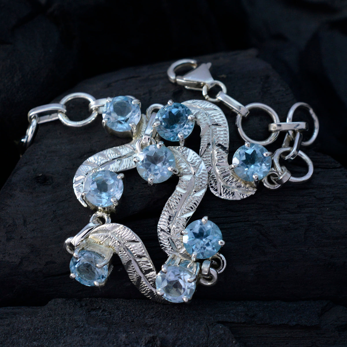 Riyo bezauberndes 925er Sterlingsilber-Armband für Damen, blaues Topas-Armband, Krappenfassung-Armband mit Fischhaken-Gliederarmband, L-Größe 15,2–21,6 cm.