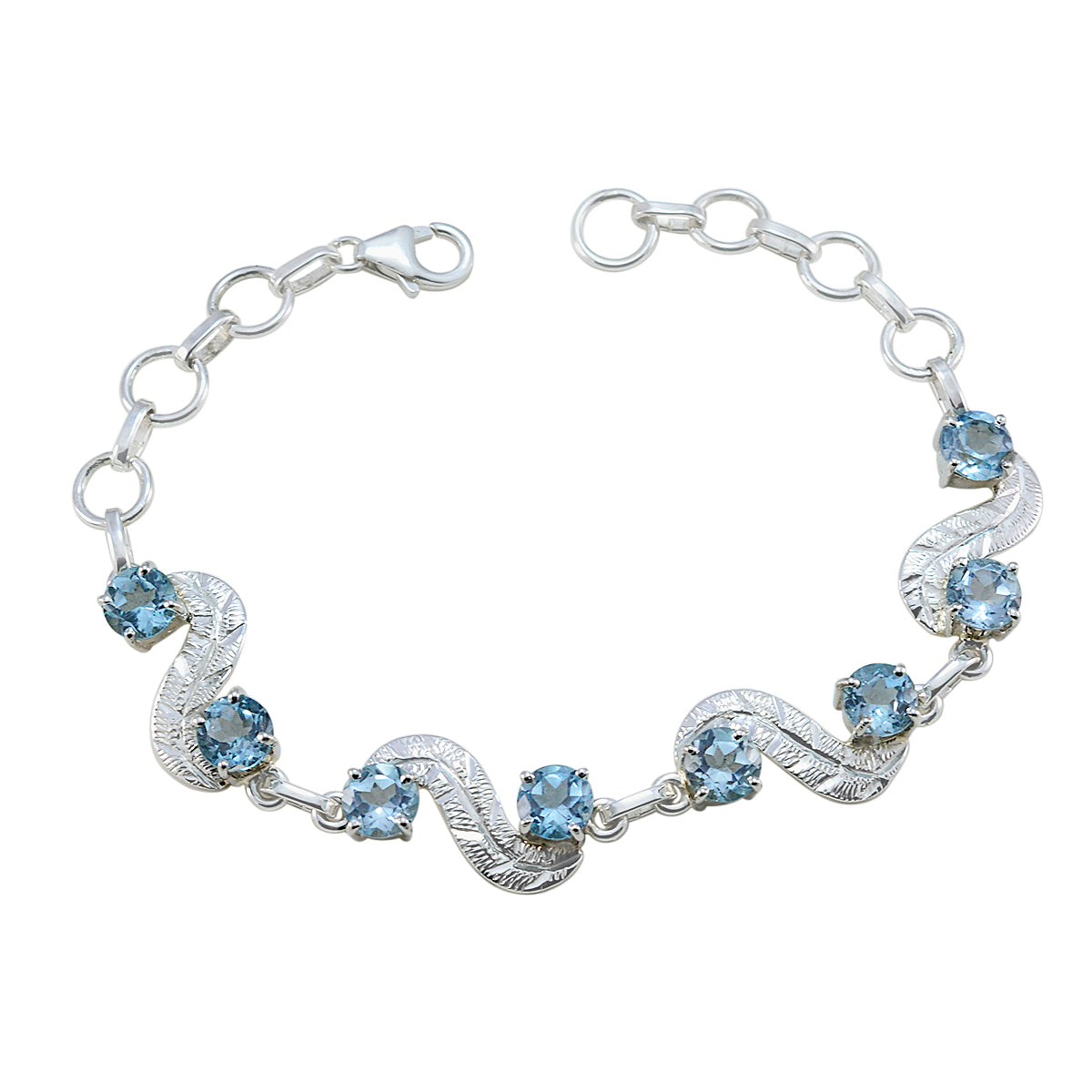 Riyo Adorable 925 Sterling Silver Bracelet For Women Blue Topaz Bracelet Prong Setting Bracelet with Fish Hook Link Bracelet L Size 6-8.5 Inch.