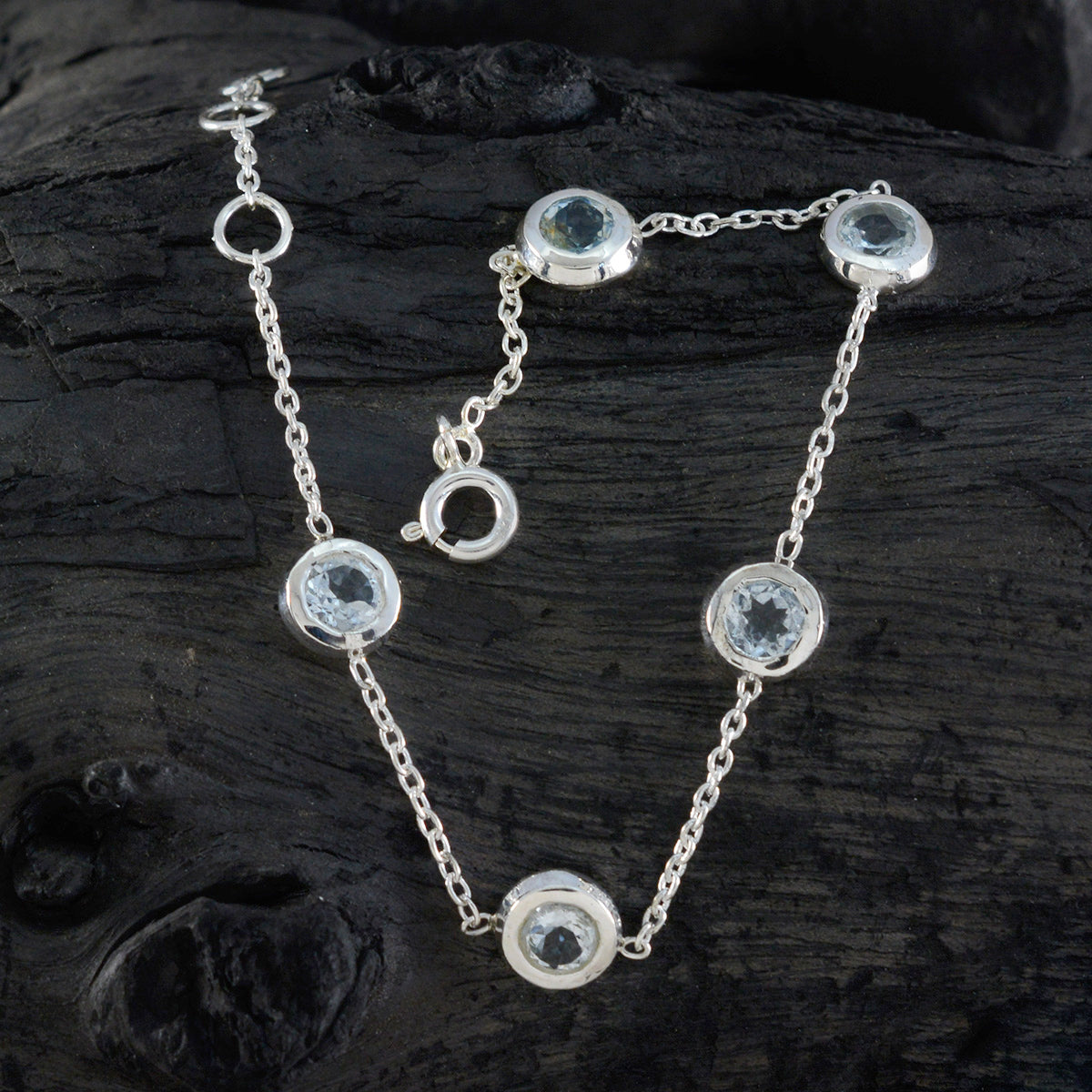 RIYO привлекательный браслет из стерлингового серебра 925 пробы для женщин, браслет с синим топазом, браслет с зубцами, браслет с пружинным замком, браслет l, размер 6-8,5 дюйма.