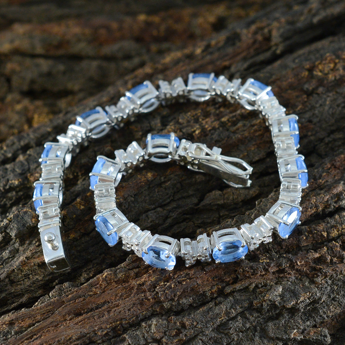 riyo affascinante braccialetto in argento sterling 925 per donna braccialetto con topazio blu braccialetto con montatura a punta con scatola con linguetta braccialetto tennis misura l 6-8,5 pollici.