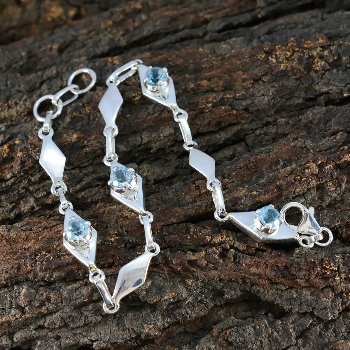 Riyo Jewelry Bracelet en argent sterling 925 pour femme avec topaze bleue, serti de griffes, bracelet à maillons en hameçon, taille L 15,2 à 21,6 cm.