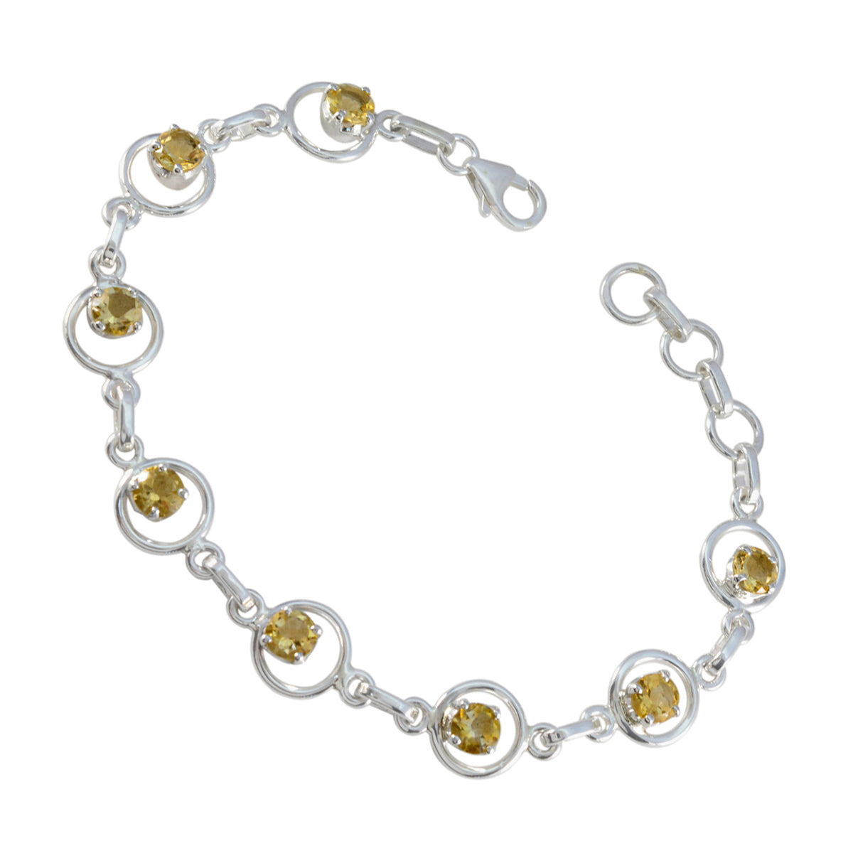 Riyo Indian 925 Sterling Silver Bracelet For Women Citrine Bracelet Prong Setting Bracelet with Fish Hook Link Charm Bracelet L Size 6-8.5 Inch.