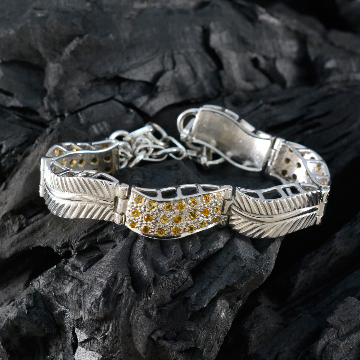 Riyo indien bracelet en argent sterling 925 pour femme bracelet citrine bracelet serti de lunette avec hameçon lien bracelet à breloques taille L 6-8,5 pouces.