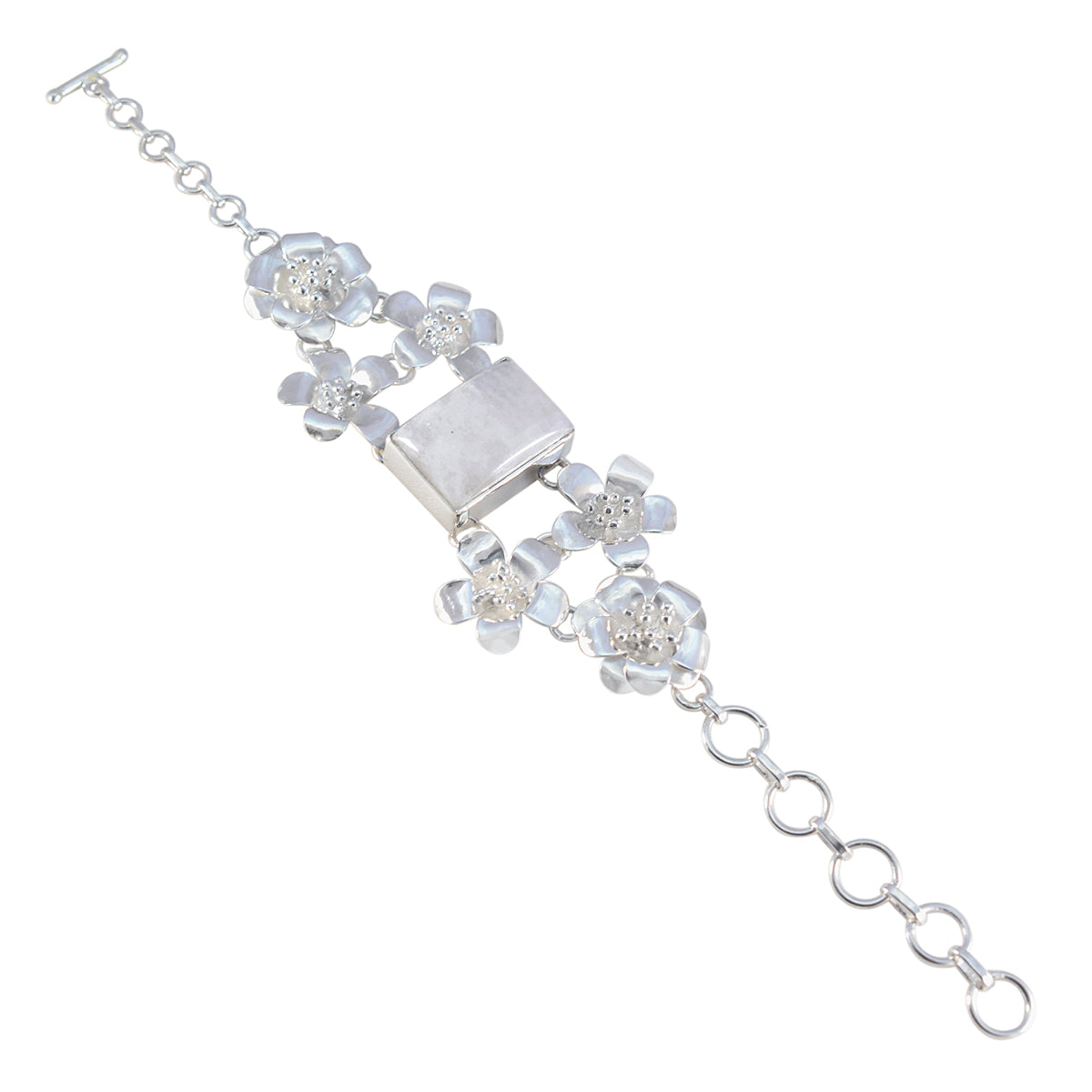 Riyo Perfect 925 Sterling Silver Bracelet For Women Rainbow Moonstone Bracelet Bezel Setting Bracelet with Toggle Charm Bracelet L Size 6-8.5 Inch.