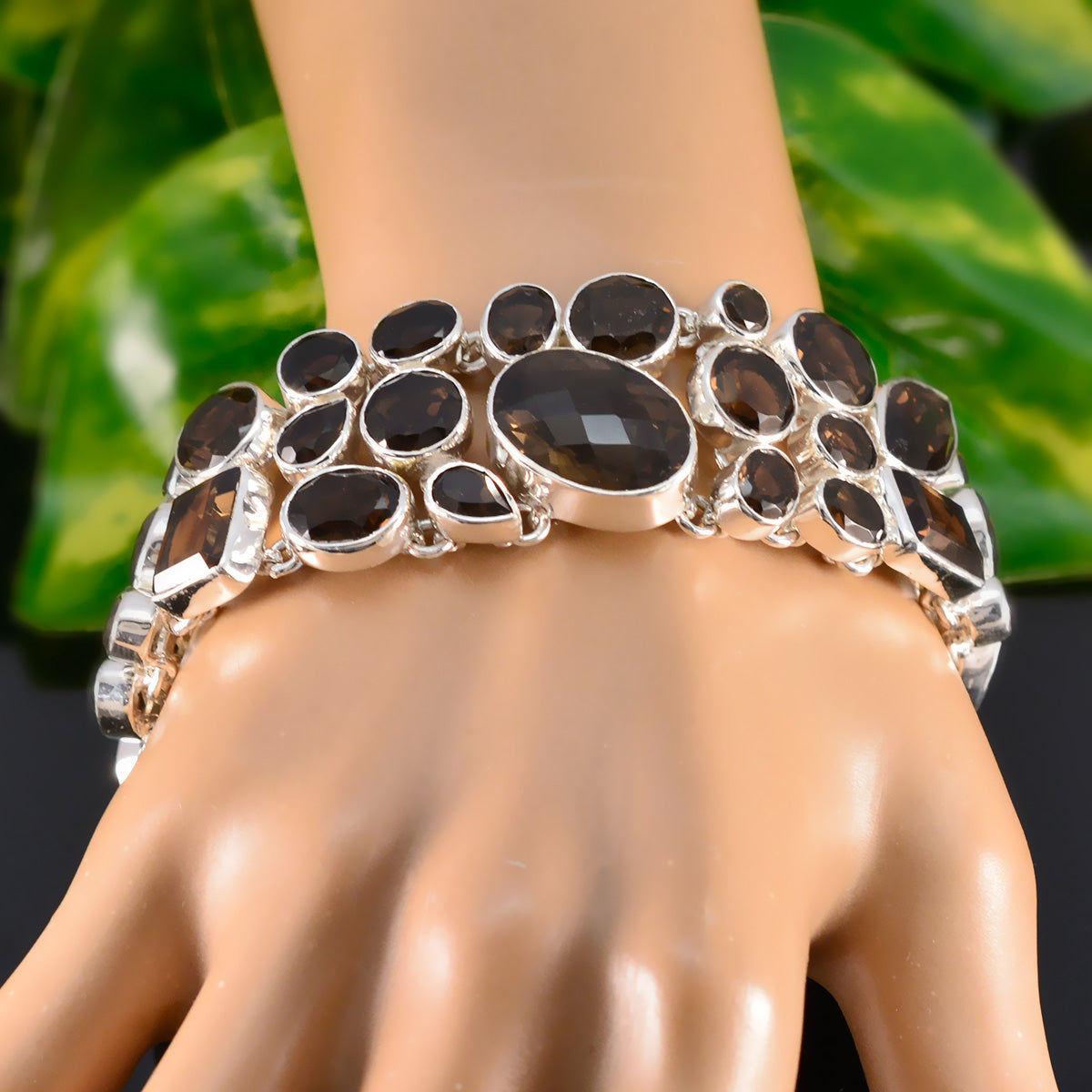 Riyo Charming 925 Sterling Silver Bracelet For Girl Smoky Quartz Bracelet Bezel Setting Bracelet