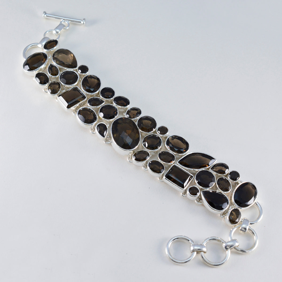 Riyo Charmante 925 sterling zilveren armband voor meisjes, rookkwartsarmband, bezel-instellingsarmband met schakelbedelarmband, maat L, 6-8,5 inch.