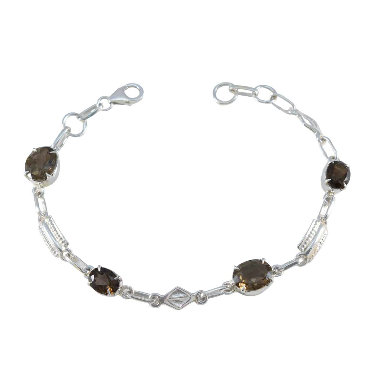 Riyo Desirable 925 Sterling Silver Bracelet For Girl Smoky Quartz Bracelet Prong Setting Bracelet with Fish Hook Link Bracelet L Size 6-8.5 Inch.