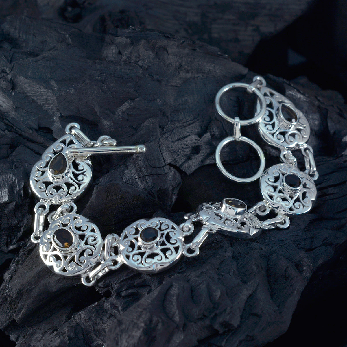 riyo raro braccialetto in argento sterling 925 per ragazze braccialetto al quarzo fumé braccialetto con castone con braccialetto con ciondolo a ginocchiera misura l 6-8,5 pollici.