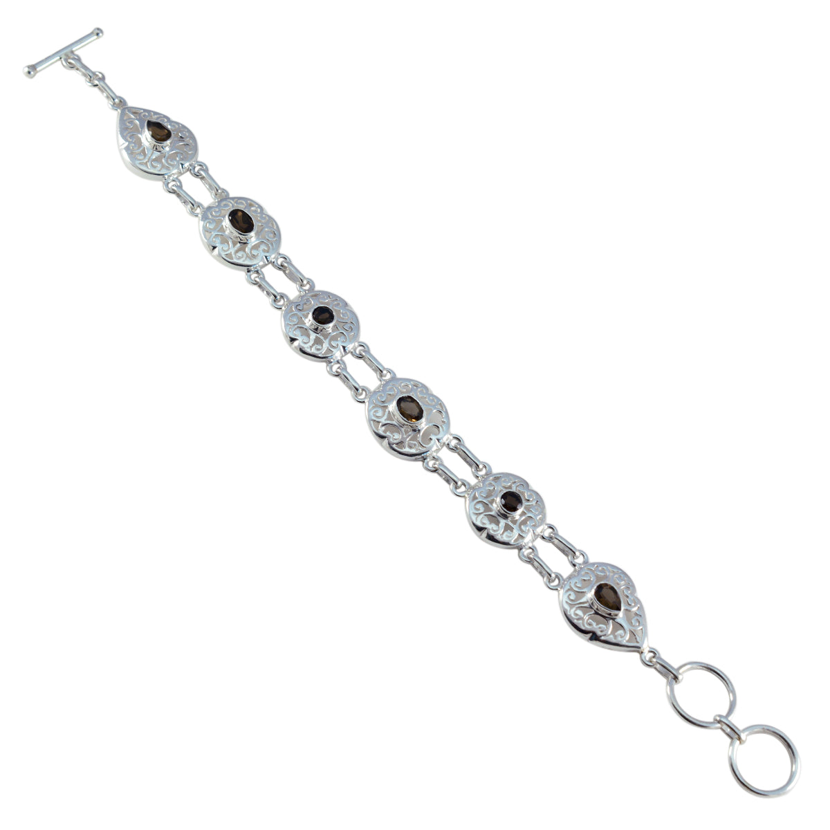 Riyo zeldzame 925 sterling zilveren armband voor meisjes rookkwarts armband bezel setting armband met toggle link bedelarmband L maat 6-8,5 inch.