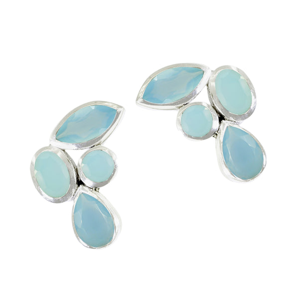 Riyo Ravishing Sterling Silver Earring For Lady Aqua Chalcedony Earring Bezel Setting Blue Earring Stud Earring