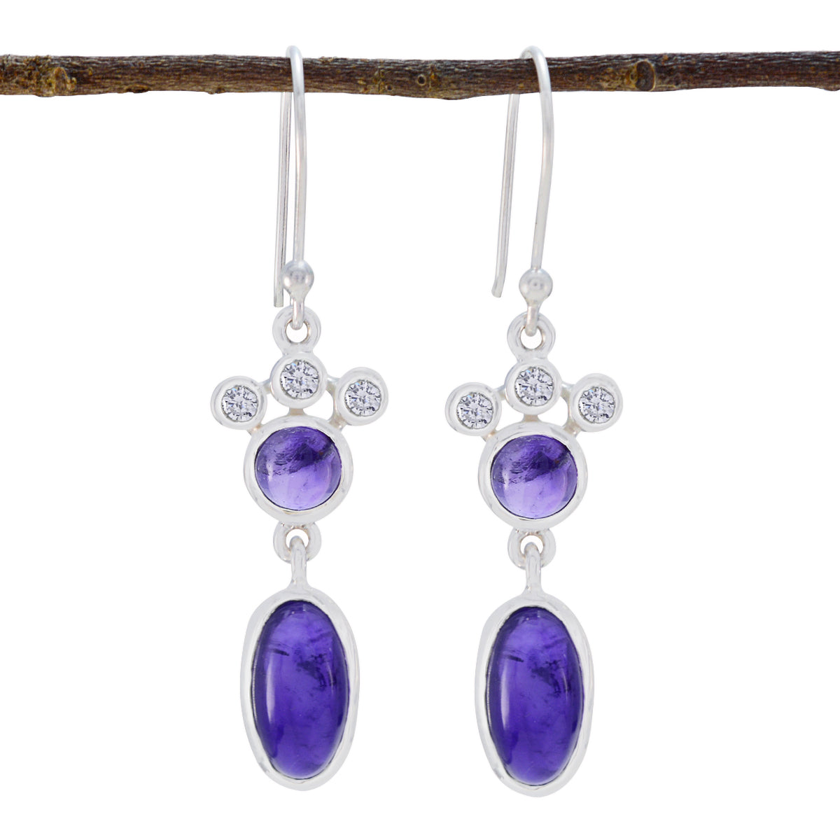 Riyo Hot Sterling Silver Earring For Wife Amethyst Earring Bezel Setting Purple Earring Dangle Earring