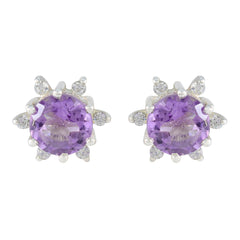 Riyo Engaging Sterling Silver Earring For Wife Amethyst Earring Bezel Setting Purple Earring Stud Earring